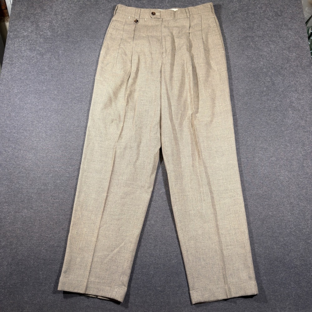 Vintage Dockers Dress Slacks Men 33x32 Tan Wool Blend Pleated Cuffed Trousers